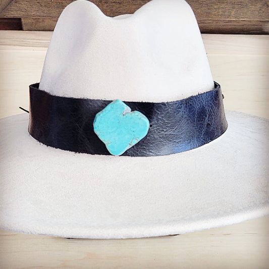 Wide Genuine Leather Black Hat Band w/ Turq 953s