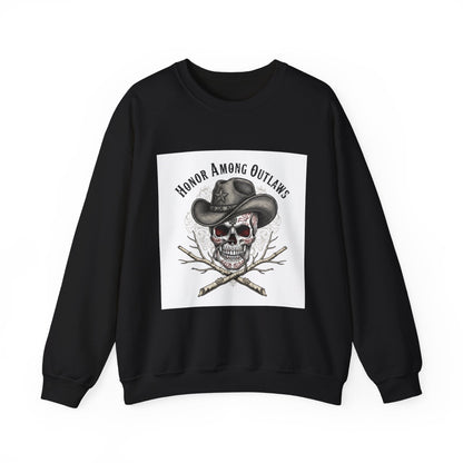 Honor Among Outlaws Crewneck, western skull art | gothic Americana, desert noir design