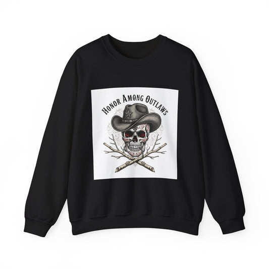 Honor Among Outlaws Crewneck, western skull art | gothic Americana, desert noir design