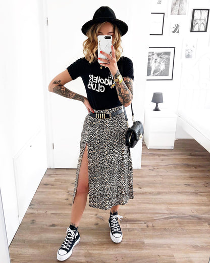 Leopard print floral print high waist stretch slit long A-line skirt