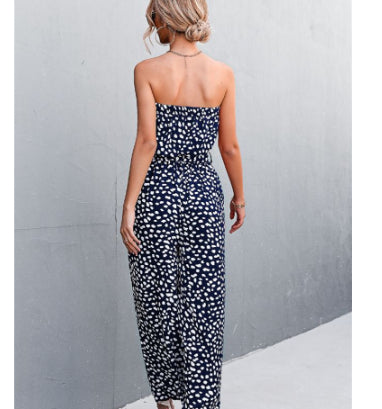 Womens Printed Bandeau Jumpsuit - Strapless Wide Leg Japandi Style Romper