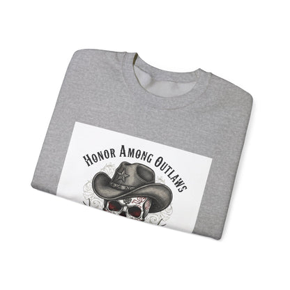 Honor Among Outlaws Crewneck, western skull art | gothic Americana, desert noir design