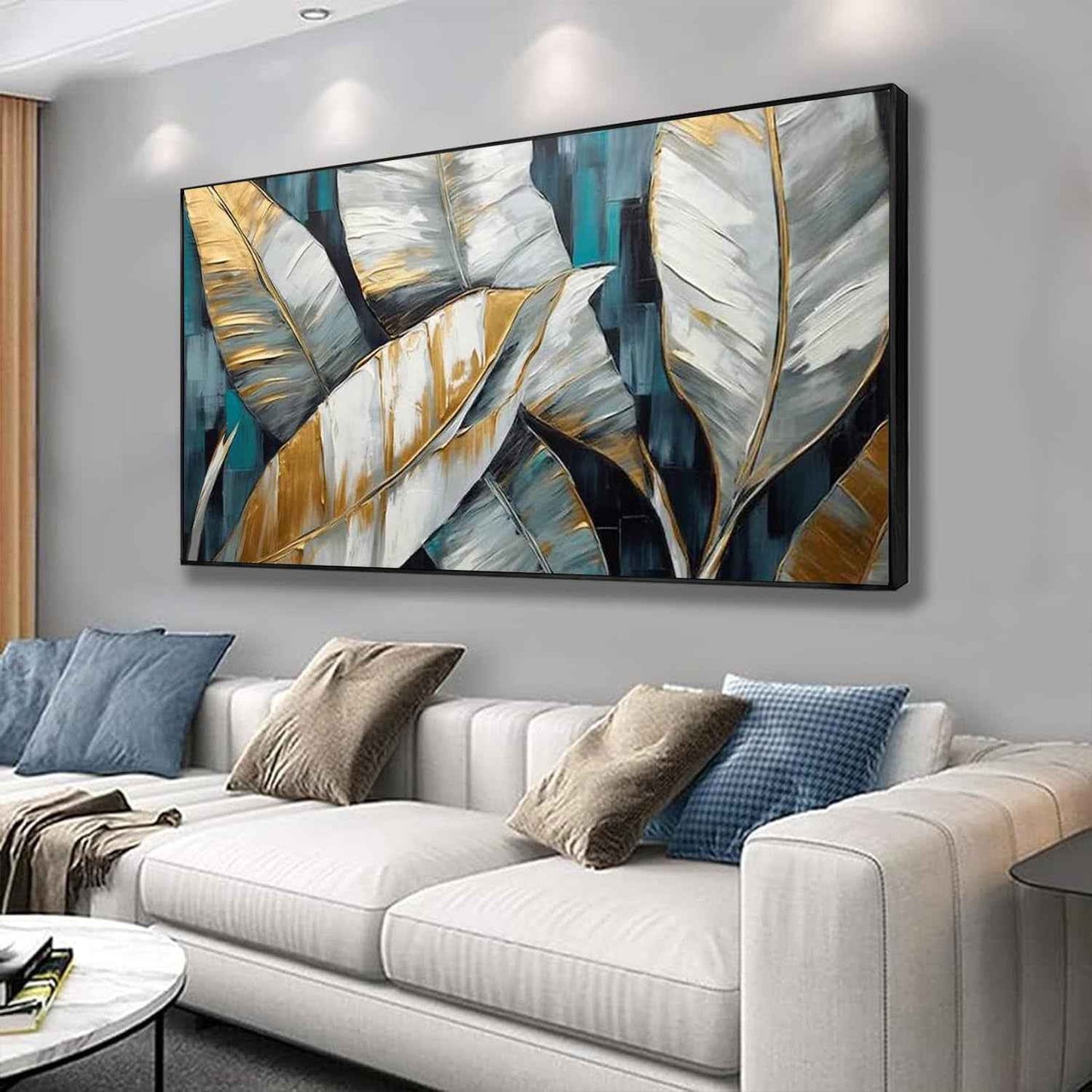 Handmade Oil Painting Canvas Wall Art Decoration Abstract Large Golden Green Banana Leaves Pictures Modern Family Bedroom Decor Rolled Frameless Unstretched Painting