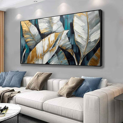 Handmade Oil Painting Canvas Wall Art Decoration Abstract Large Golden Green Banana Leaves Pictures Modern Family Bedroom Decor Rolled Frameless Unstretched Painting
