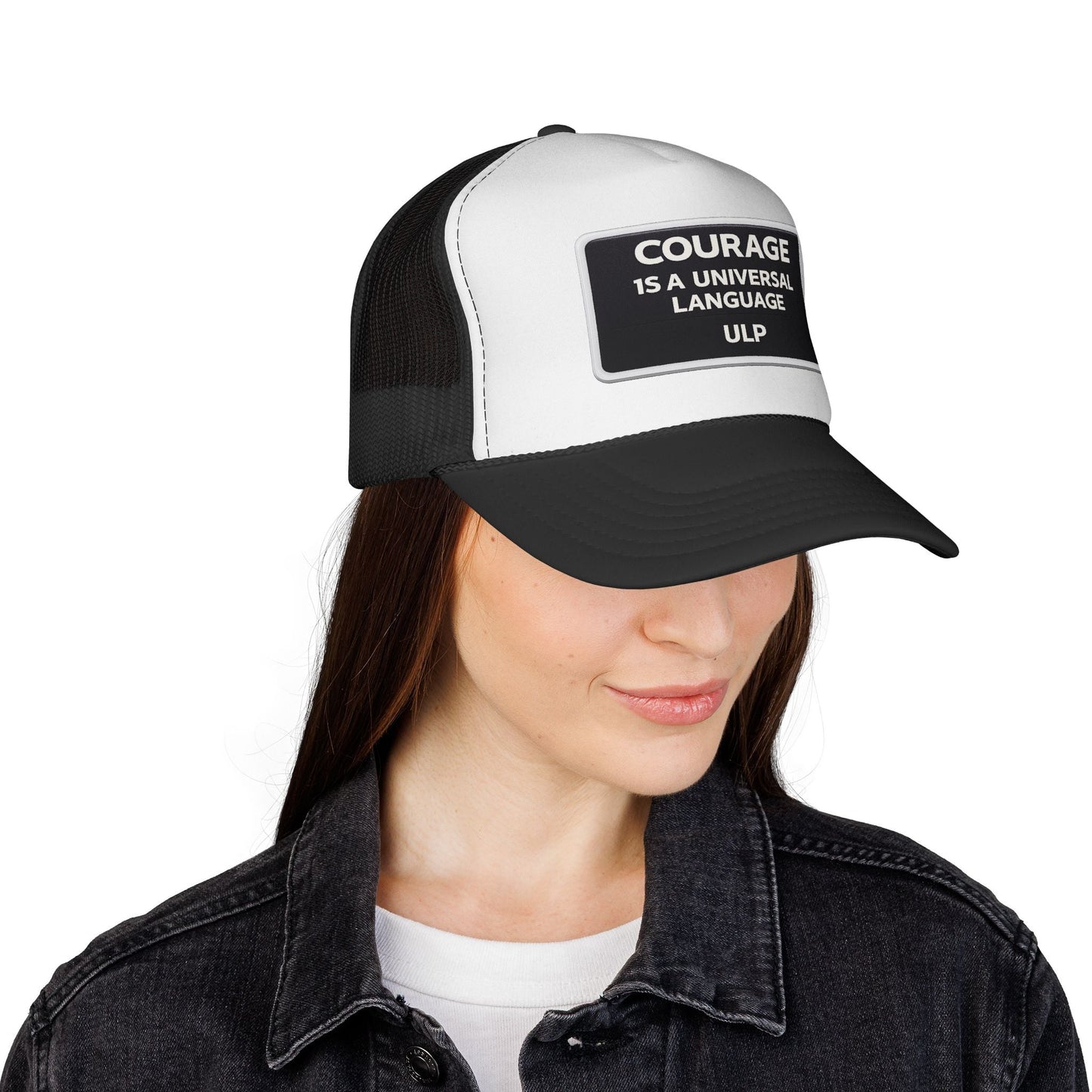 Courage Patch Trucker Cap — "Courage Is A Universal Language" Mesh Hat