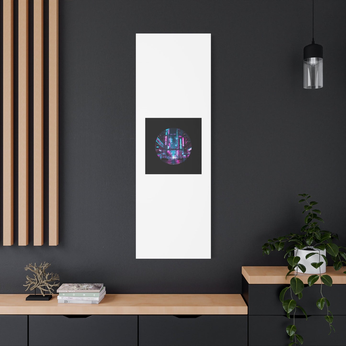 Neon Cyberpunk Cityscape Canvas | synthwave skyline, future city art