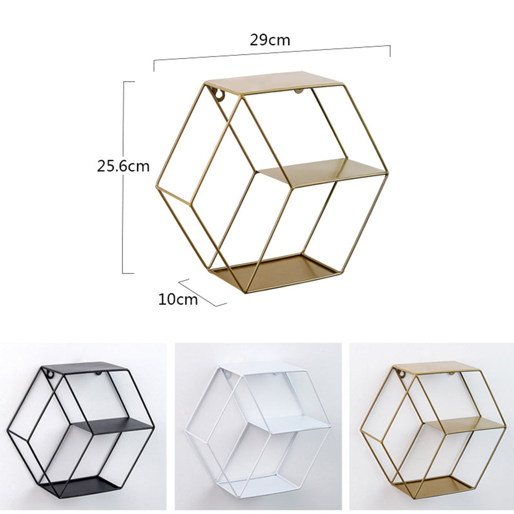 Hexagon Metal Wall Shelf - 3-Tier Industrial Iron Geometric Floating Storage Rack