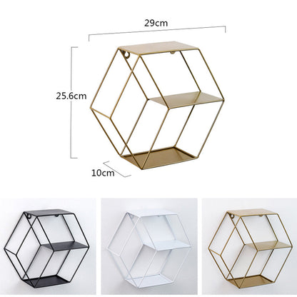 Hexagon Metal Wall Shelf - 3-Tier Industrial Iron Geometric Floating Storage Rack