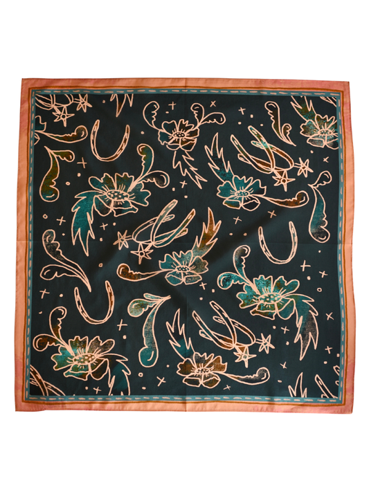 Spurs and Floral Turquoise and Peach Western Silk Wild Rag Scarf