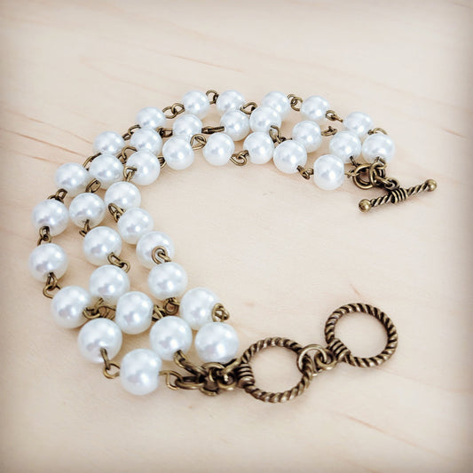 Pearl  & Copper Triple Strand Bracelet 804a