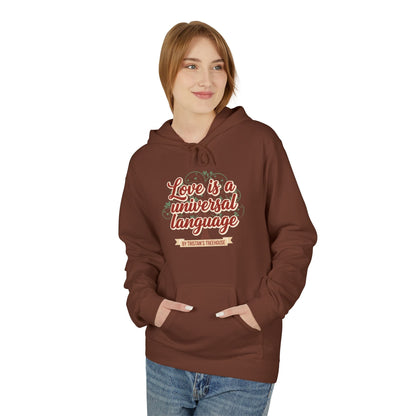 Hoodie — “Love is a Universal Language” Cozy Retro Cabin Graphic Hoodie