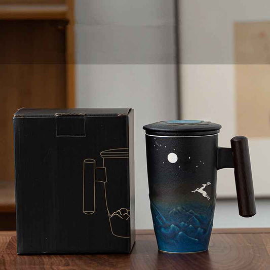 Large capacity tea cup with filter cover and starry sky pattern