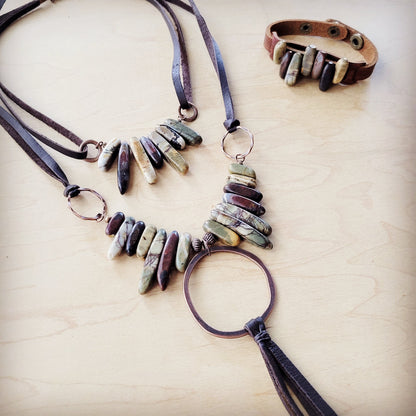 Genuine Leather Narrow Cuff with Picasso Jasper Stones 005h