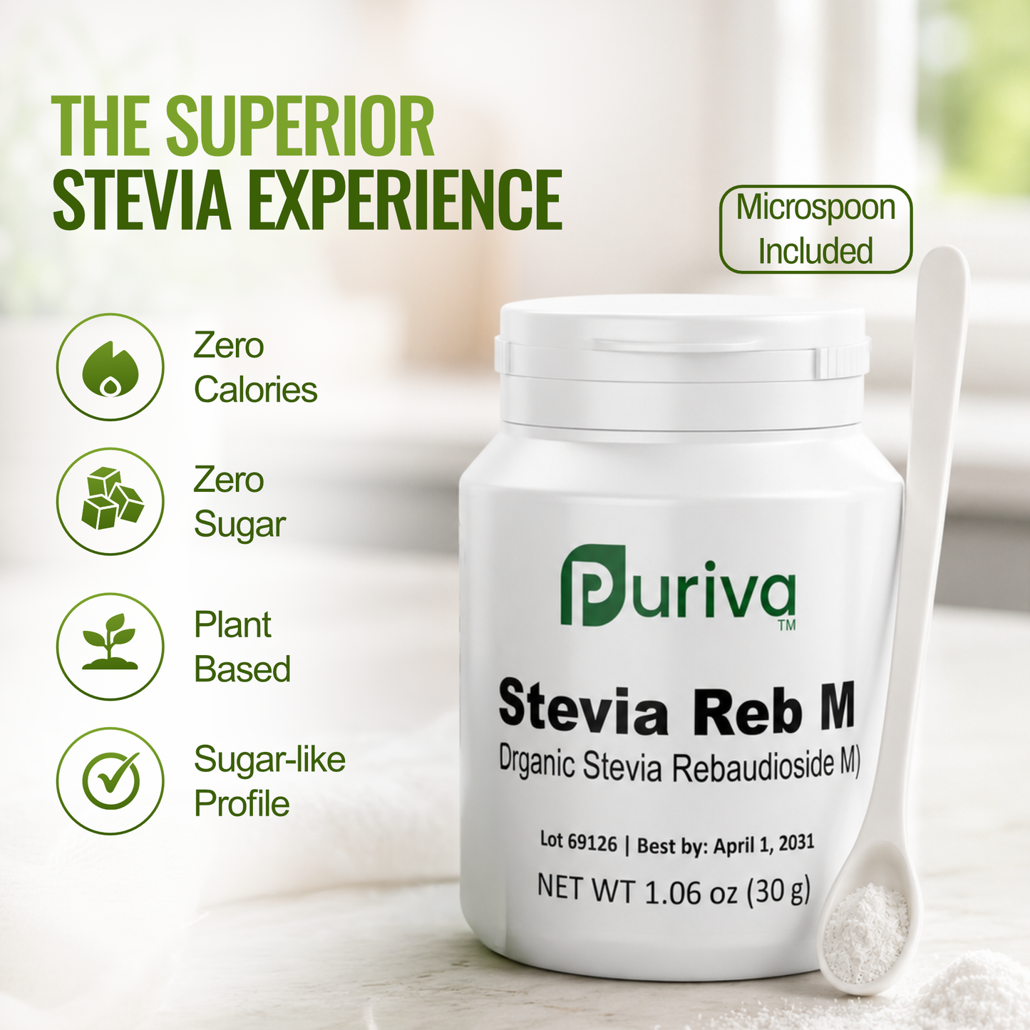 Stevia Reb M powder, (Reb-M | Rebaudioside M), 60 grams | 2,000 servings, Puriva Nutrition