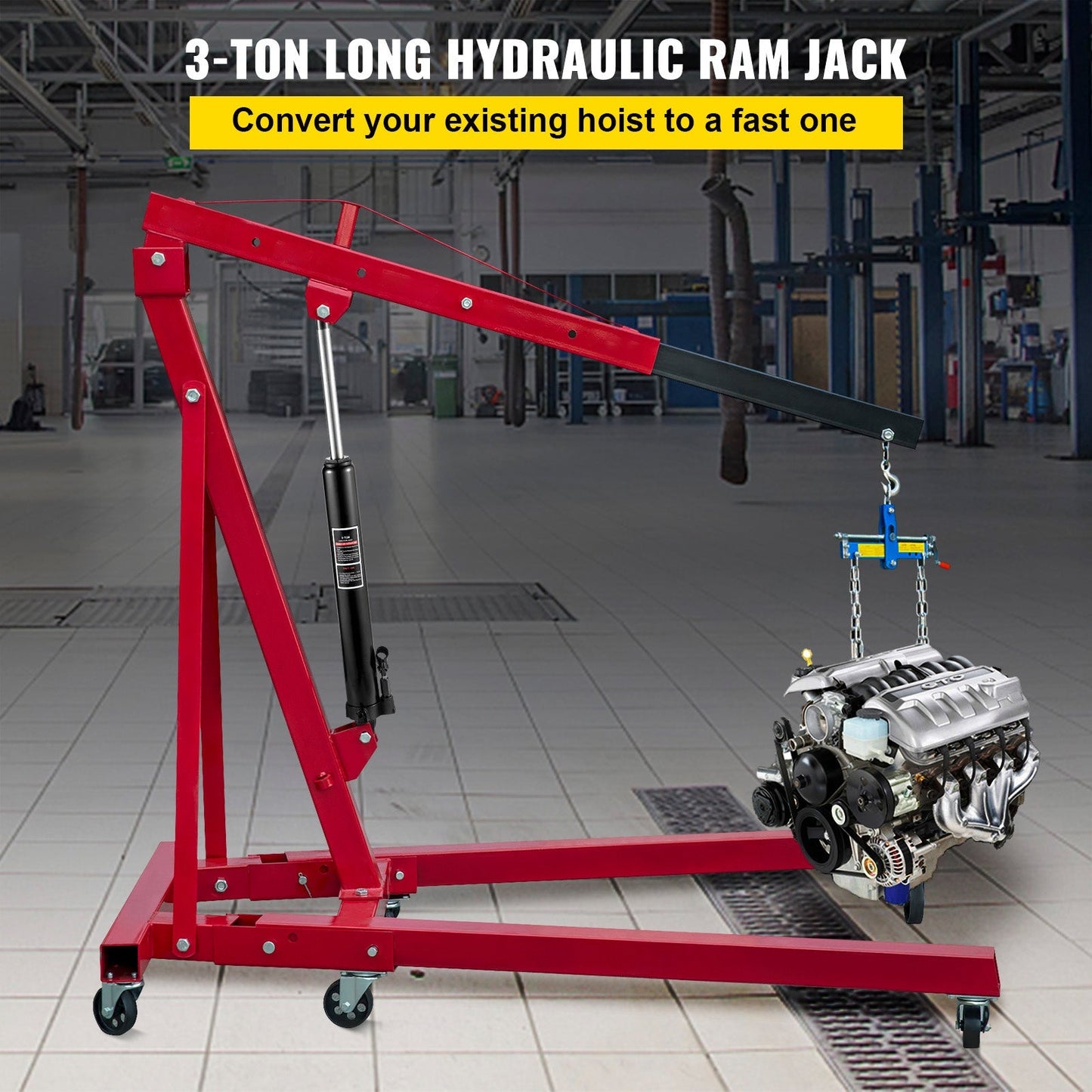 VEVOR Hydraulic Long Ram Jack, 3 Tons/6600 lbs Capacity, with Single Piston Pump and Clevis Base, Manual Cherry Picker with Handle, for Garage/Shop Cranes, Engine Lift Hoist, Black