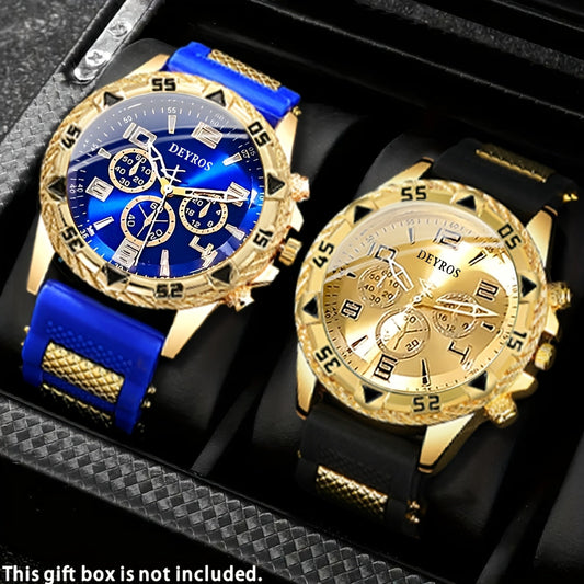 2pcs Men'S Luxury Watches | Golden/Tone Dial, Quartz Movement, Non-water Resistant, Zinc Alloy Case, Silica Gel Strap - Ideal for Business, Sports, Everyday Use | Perfect Gift for Dad, Husband, Boyfriend on Birthday, Father'S