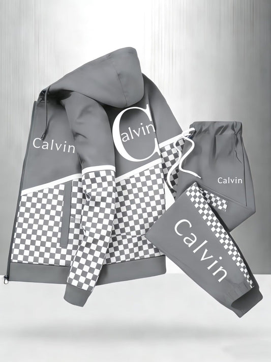 Men'S Hooded Tracksuit with Checkerboard Pattern and Calvin Letter Print | Casual Street Style, Non-Stretch Fabric, Geometric Pattern, Zipper Detail, Regular Fit for Spring/Fall