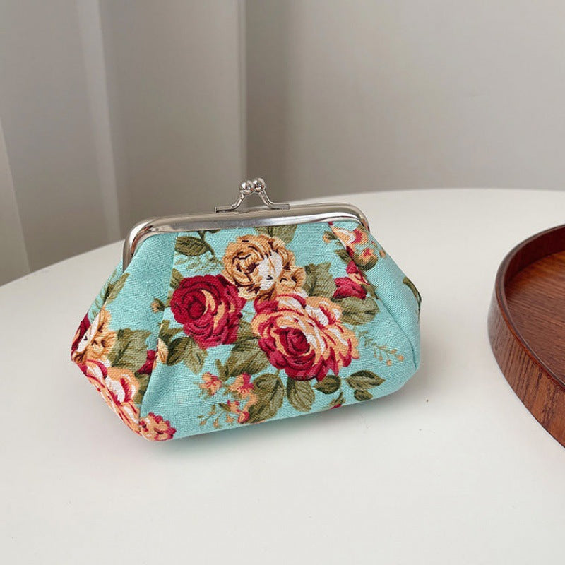 Retro Mini Canvas Coin Purse - Vintage Floral Plaid Small Zipper Wallet Organizer