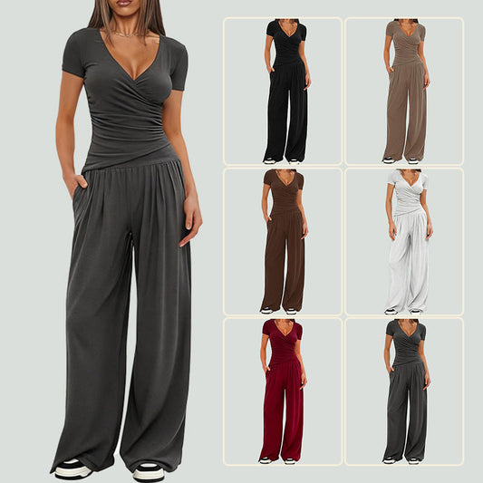 2 Pieces Women's V Neck Short-sleeve Sportswear Top And Wide-leg Pants Set Casual Comfortable Outfit Set For Daily Wear Gym Sports Outfit