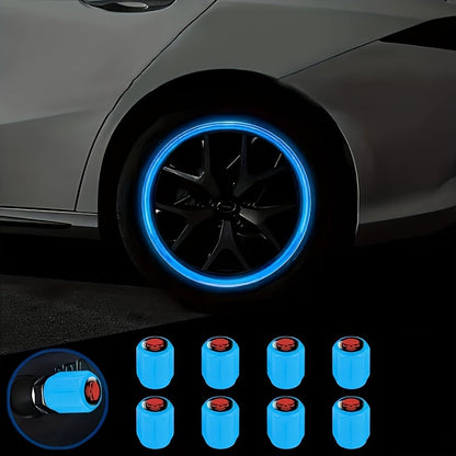 A Collection of Four Glowing Tire Valve Caps Designed to Stop Air from Escaping, Ideal for Vehicles Like Cars, Bikes, And Trucks, Adding a Fashionable Touch