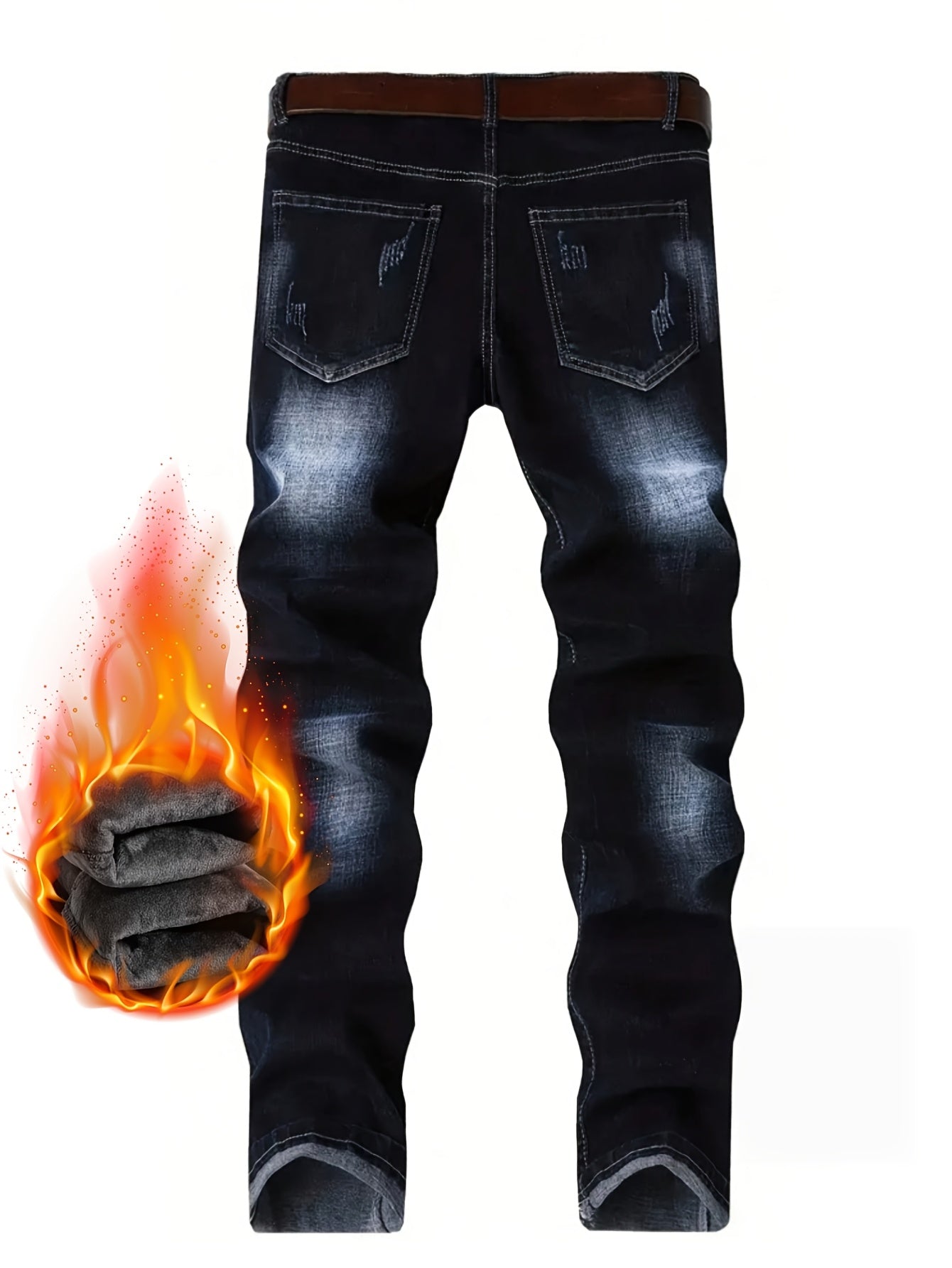 Men's Thermal Distressed Winter Jeans - Thickened Fleece-Lined Denim with Aged Patchwork & Heavy Wash Design