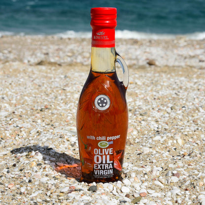 KORVEL Greek Extra Virgin Olive Oil with Chili Pepper - 8.45 fl oz (250ml) - 6 Pack