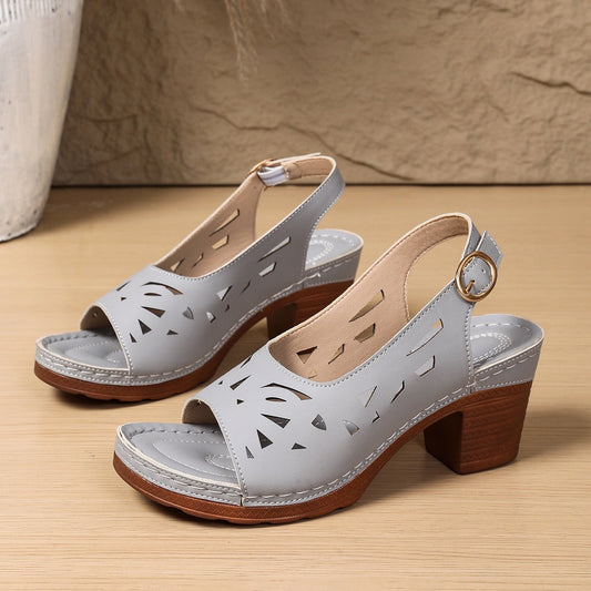 Retro-style Hollow-out Fashionable Fish-mouth Sandals With A Buckle For Outerwear