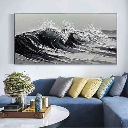 Large Gray And White Seawaves Seascape Oil Painting On Canvas Handmade Black Texture Knife Thick Wall Art For Home Living Room Decor Mural