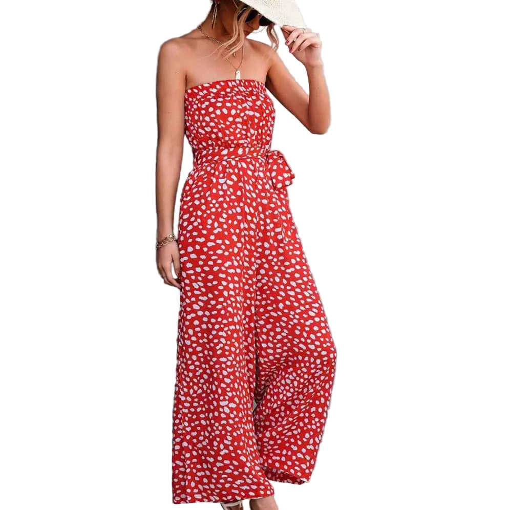 Womens Printed Bandeau Jumpsuit - Strapless Wide Leg Japandi Style Romper
