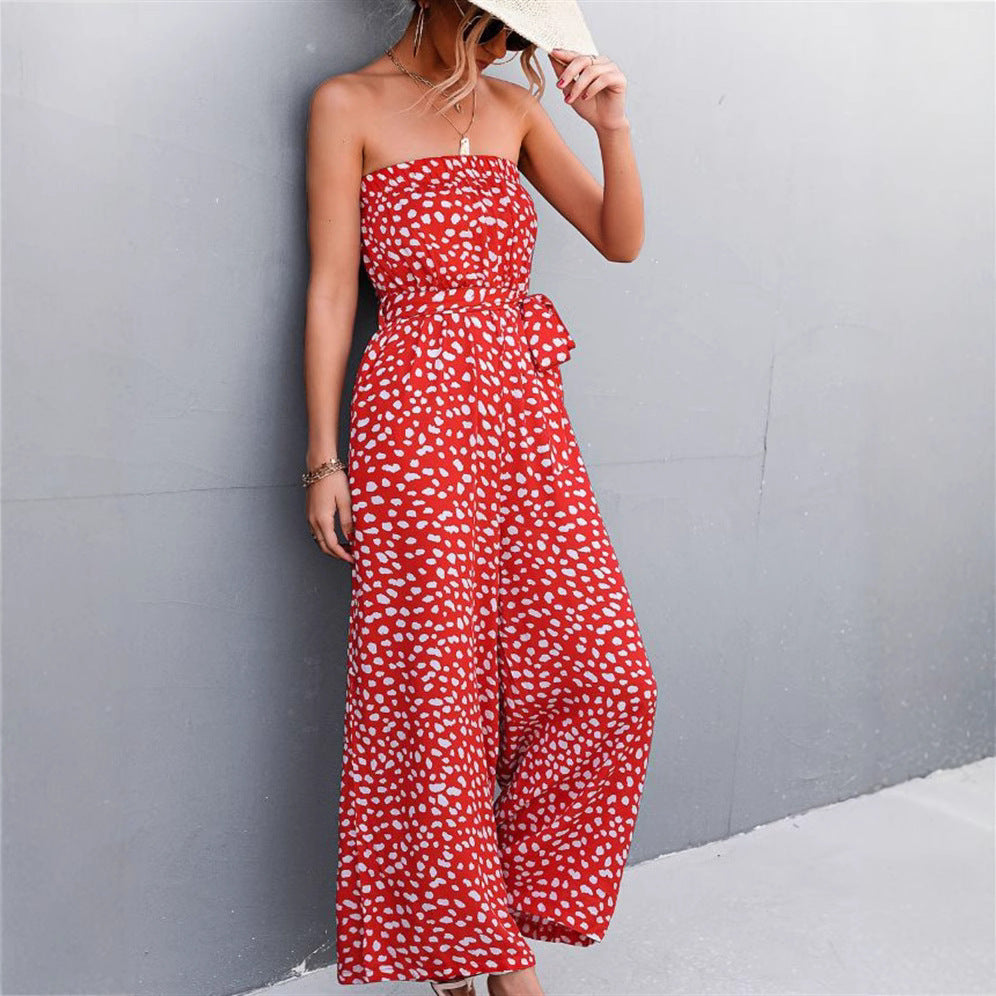 Womens Printed Bandeau Jumpsuit - Strapless Wide Leg Japandi Style Romper