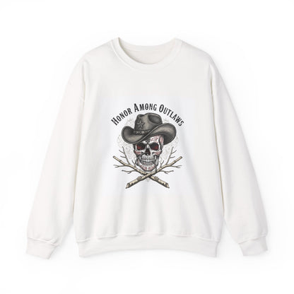 Honor Among Outlaws Crewneck, western skull art | gothic Americana, desert noir design