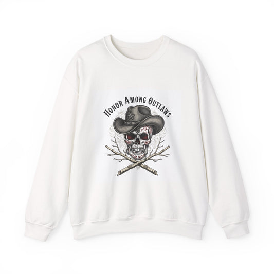 Honor Among Outlaws Crewneck, western skull art | gothic Americana, desert noir design