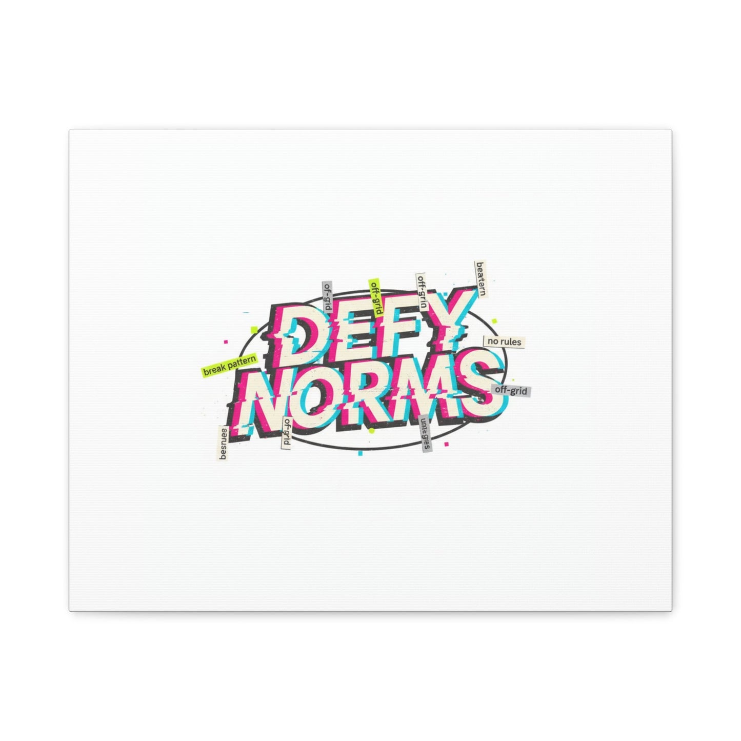 Defy Norms Canvas, Anti-Aesthetic Glitch Typography, Brutalist Poster Style
