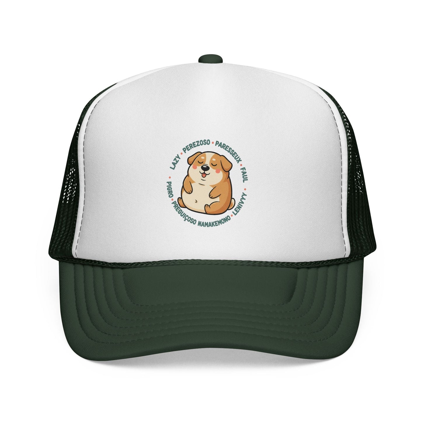 Funny Dog Meme Trucker Cap — "Fat Lazy" Multilingual Design (8 Languages)