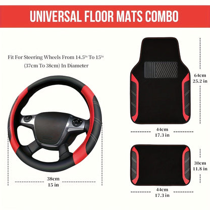 Steering Wheel Cover And Waterproof Car Floor Mats, Microfiber Universal Car Combo Fit for 95% Sedan, SUV, Cars, 14.5-15inch Sporty Anti-Slip Safety Comfortable Design