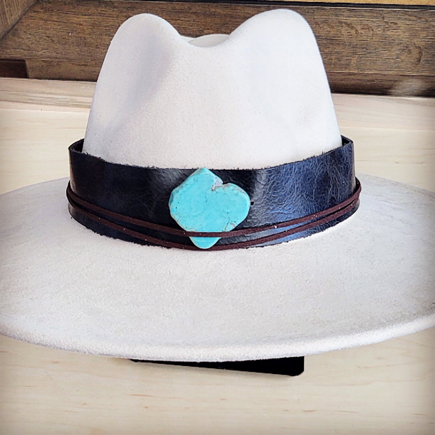 Wide Genuine Leather Black Hat Band w/ Turq 953s