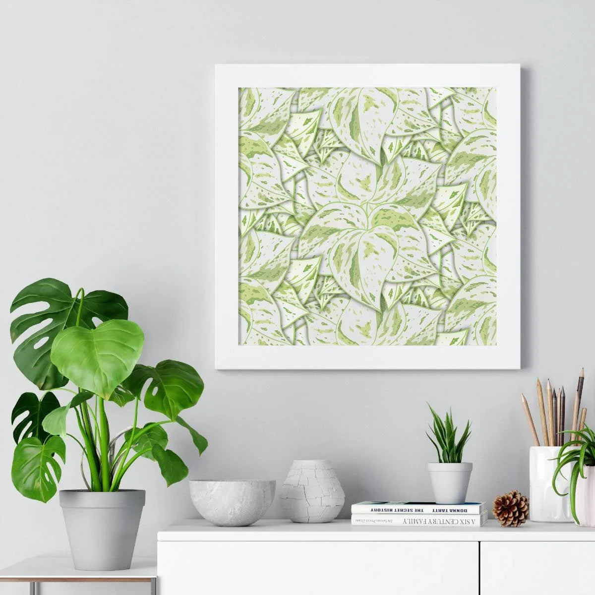 Snow Queen Pothos Pattern Framed Print – Botanical Wall Art