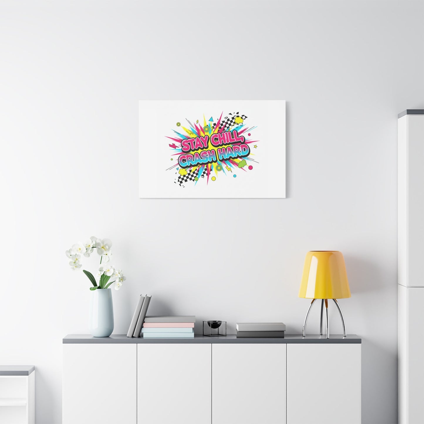 Stay Chill Crash Hard Canvas, neon graffiti crash out art | meltdown sticker style