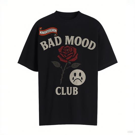 Unisex BAD MOOD CLUB Graphic T-Shirt – Sad Face & Rose Dark Streetwear Tee