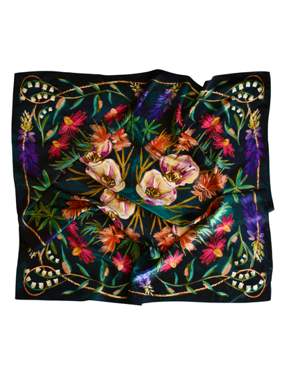 Vivid Wildflowers Large 100% Mulberry Silk 35x35: Western Cowgirl Wild Rag Scarf