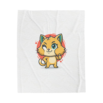 Cute Cheeky Cat Illustration Velveteen Plush Blanket | Rodent-Core Vibe