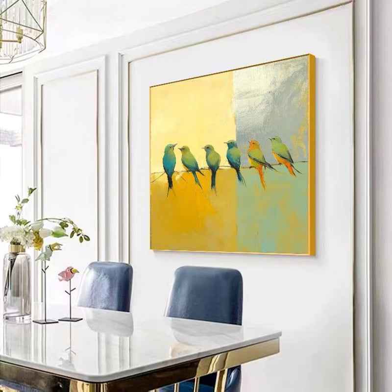 Hand-painted Abstract Oil Paintings Birds On A Silver Yellow Background  Modern Minimalist Animal Wall Art In The Living Room Entryway Decor