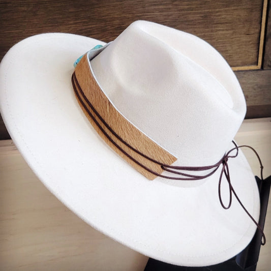 Wide Leather Hair Hide Tan Hat Band w/ Turq 954a
