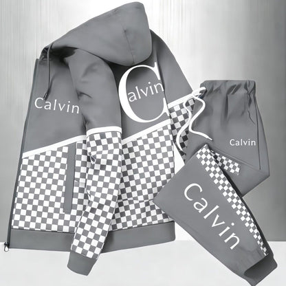 Men'S Hooded Tracksuit with Checkerboard Pattern and Calvin Letter Print | Casual Street Style, Non-Stretch Fabric, Geometric Pattern, Zipper Detail, Regular Fit for Spring/Fall