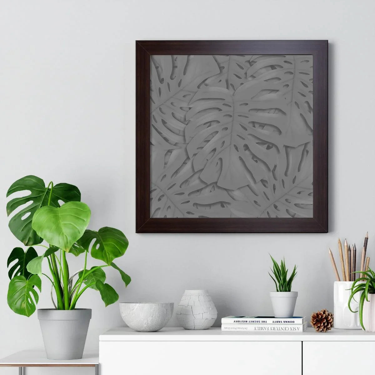 Grey Monstera Framed Print – Botanical Wall Art