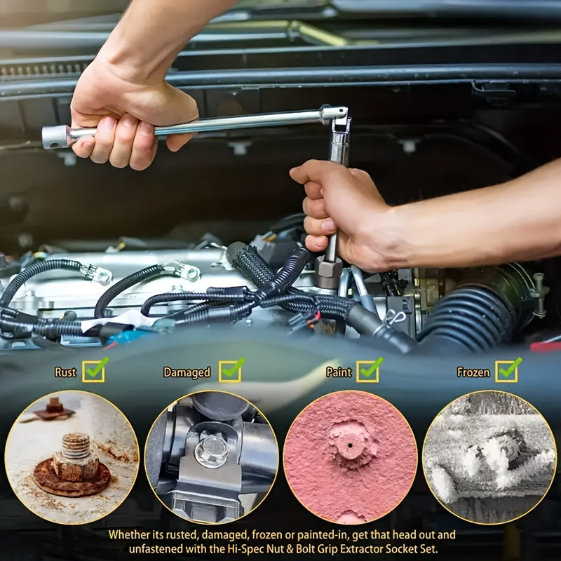 YCUPUP Nut Extractor Kit 14pcs Nut Removal Tool With 13 Bolts And Nut Removers, 1 Hex Socket Adapter For 1/4" To 3/8" Drives