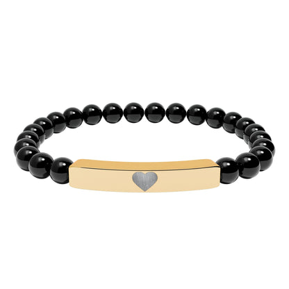 Engraved Natural Stone Stretch Bar Bracelet — Personalized Heart Bar Beaded Bracelet