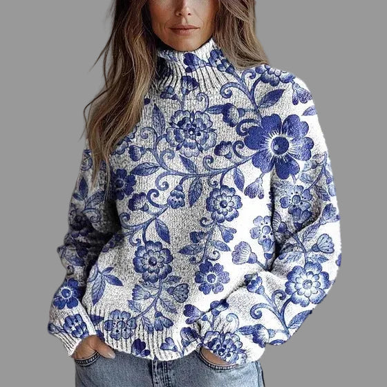 Elegant 3D Floral Print Turtleneck Sweater - Cozy Long Sleeve Pullover