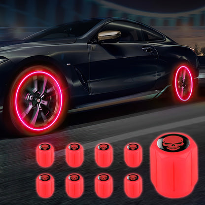 A Collection of Four Glowing Tire Valve Caps Designed to Stop Air from Escaping, Ideal for Vehicles Like Cars, Bikes, And Trucks, Adding a Fashionable Touch