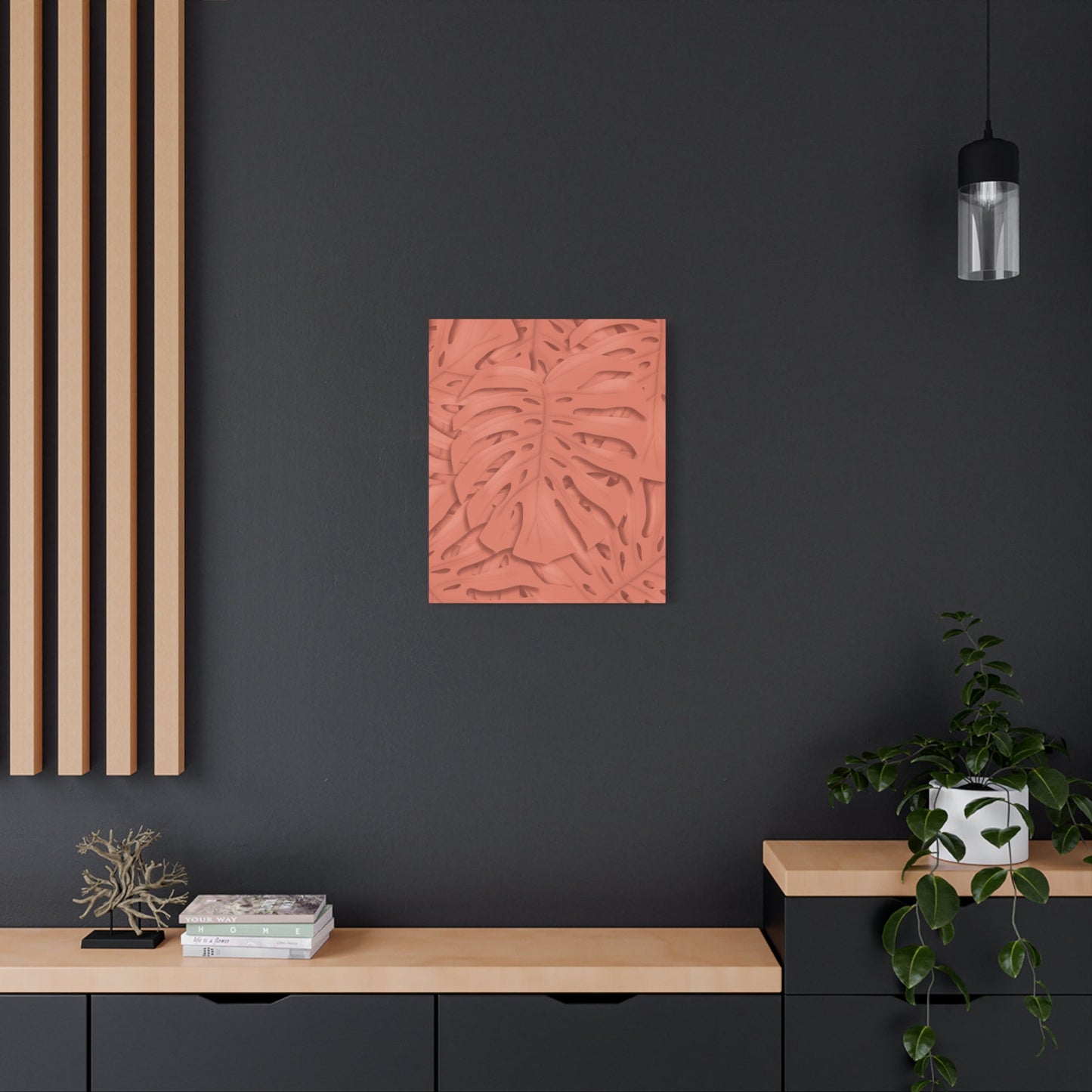 Coral Monstera Canvas Print – Botanical Wall Art